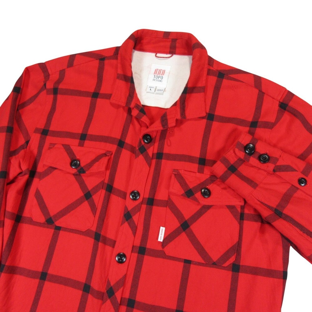 Topo Designs Mens‎ Button Up Flannel Mountain Shirt L Red Plaid 100% Organic